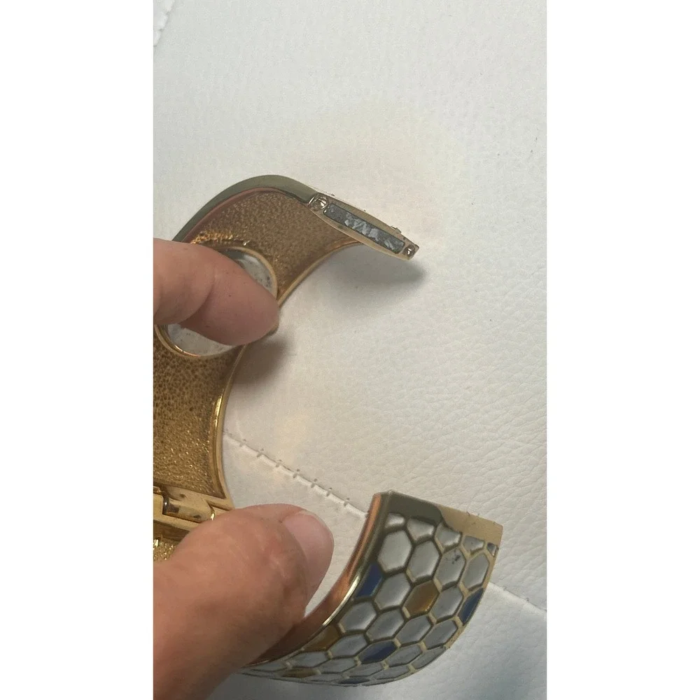 MMA Honeycomb‎ Enamel Bangle Watch Gold Blue White Art Deco Cuff